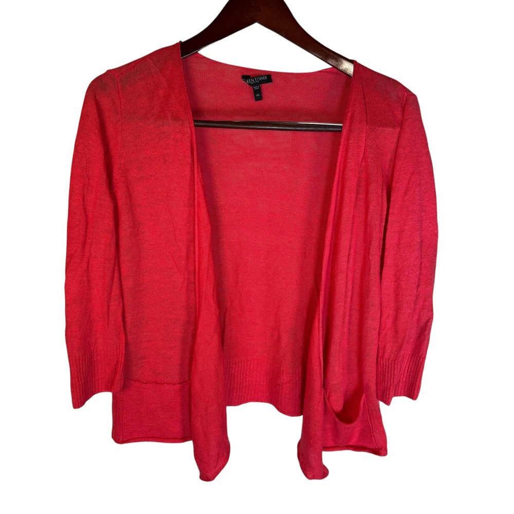 Eileen Fisher Petite Coral‎ Linen 3/4 Sleeve Open Front Cardigan Size Small